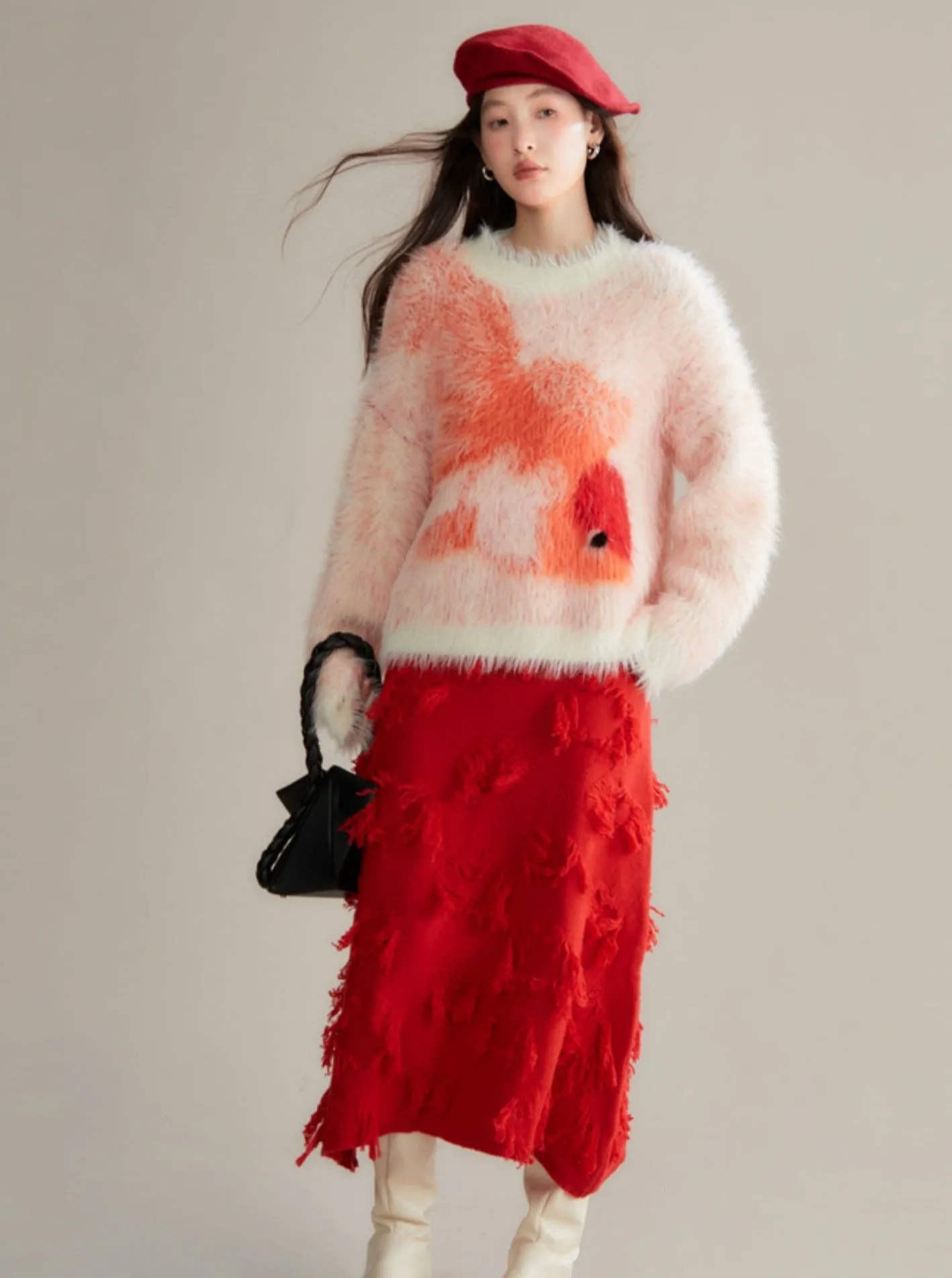 Red Distressed Midi Skirt with Frayed Texture