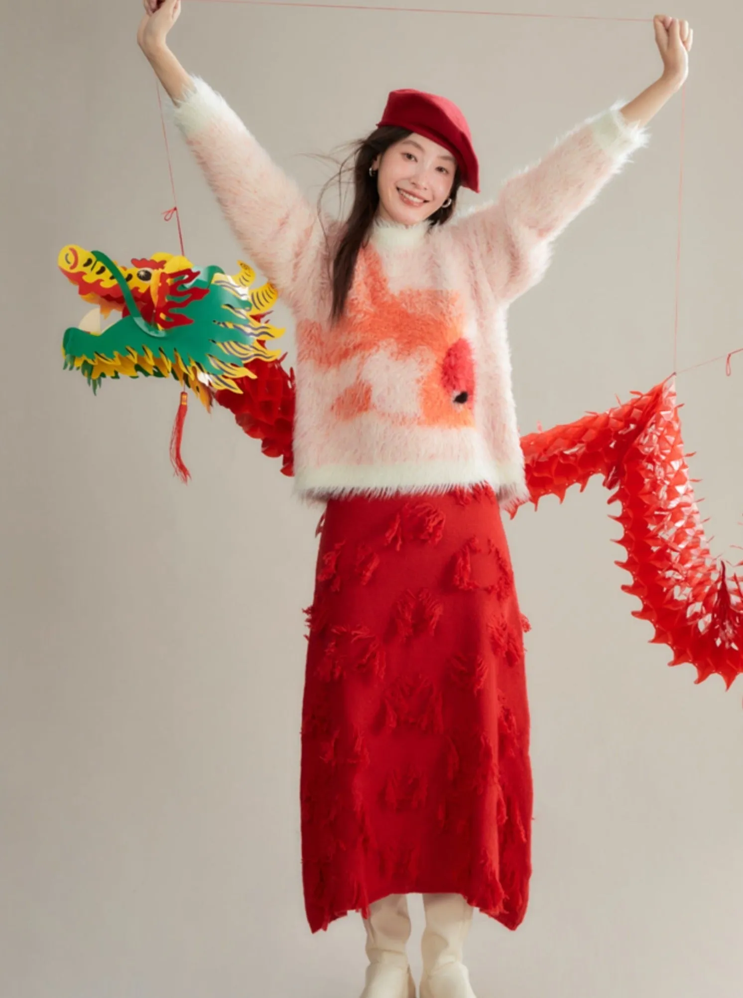 Red Distressed Midi Skirt with Frayed Texture