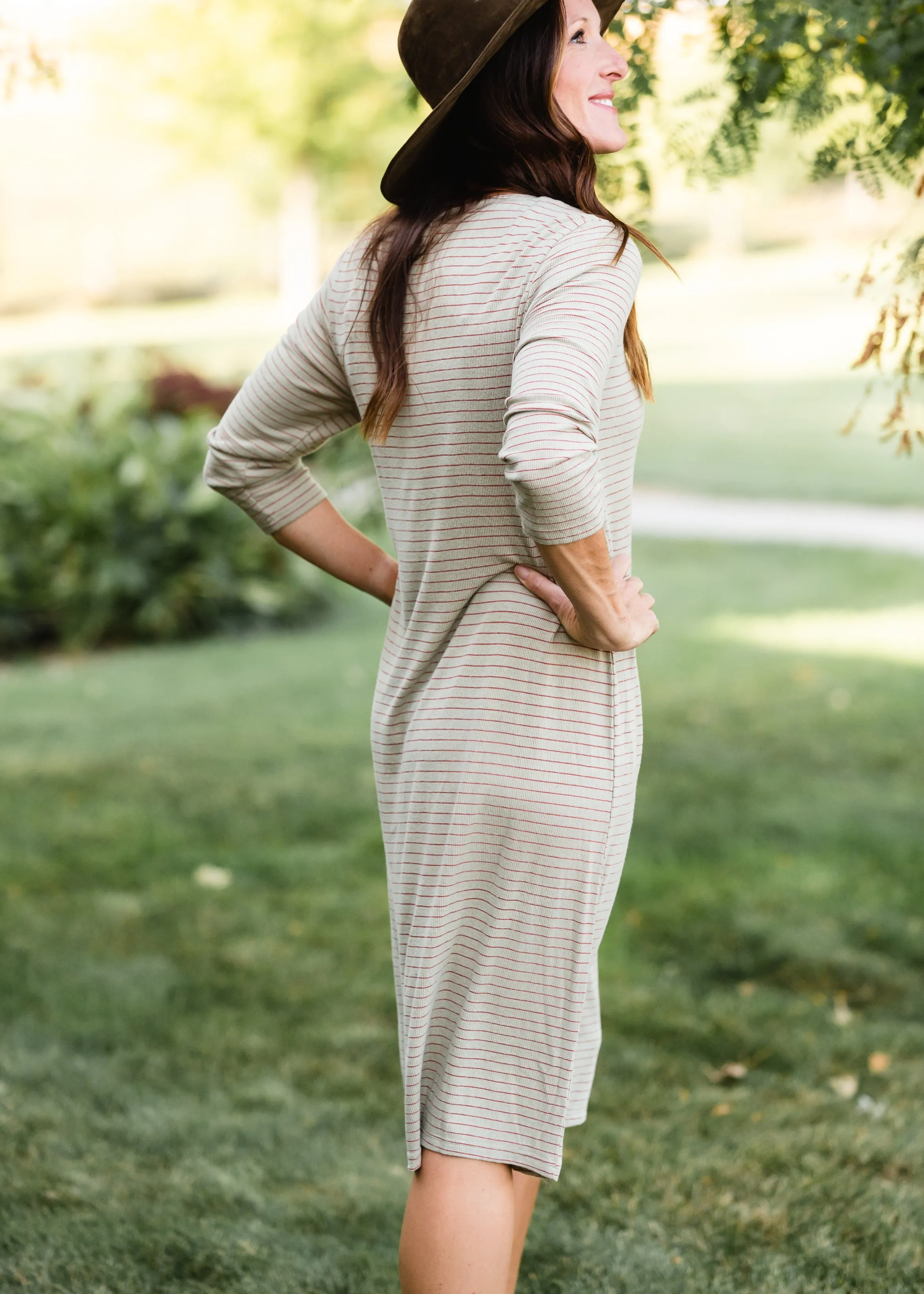 Sage Striped Comfy T-Shirt Midi Dress - FINAL SALE