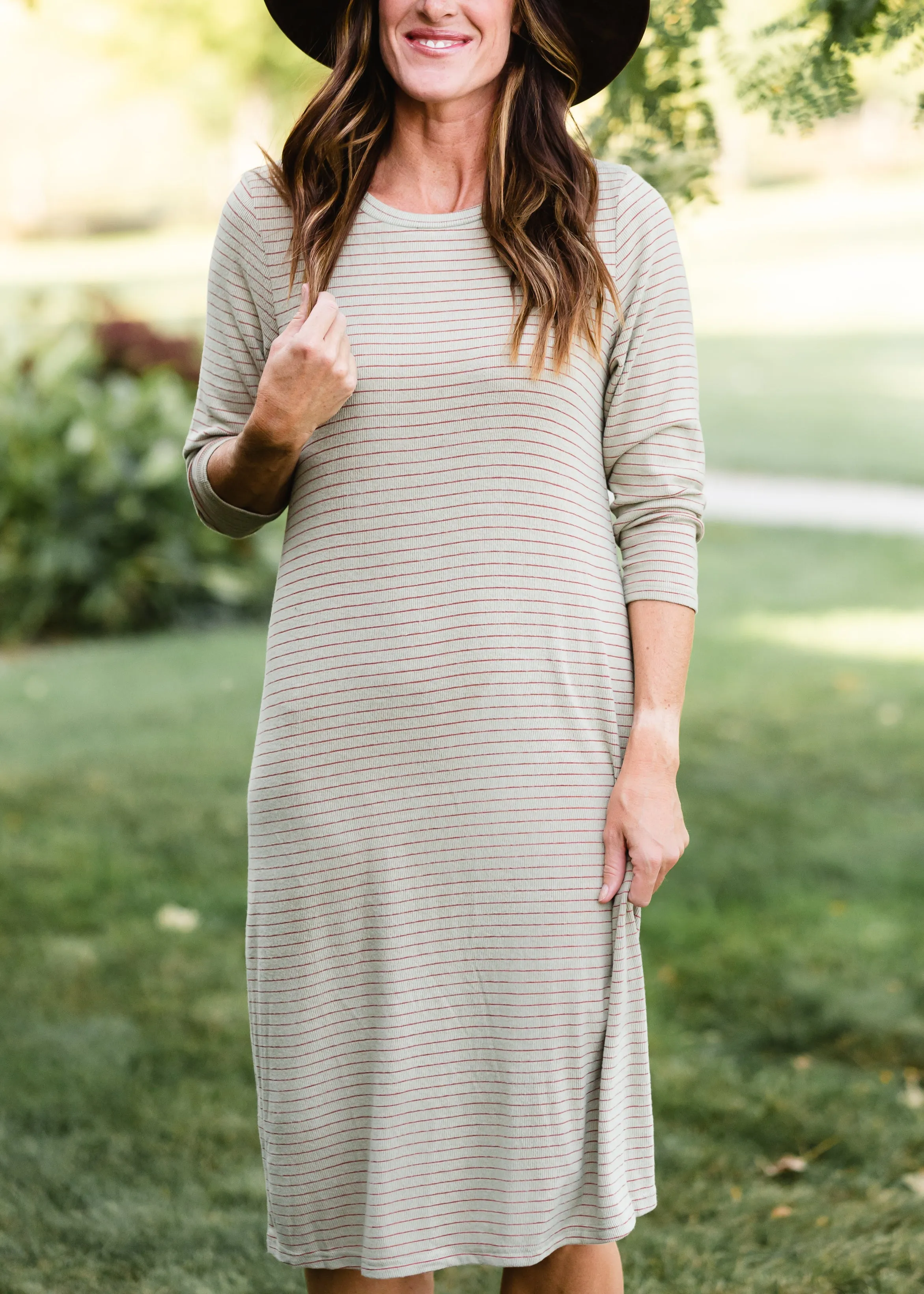 Sage Striped Comfy T-Shirt Midi Dress - FINAL SALE