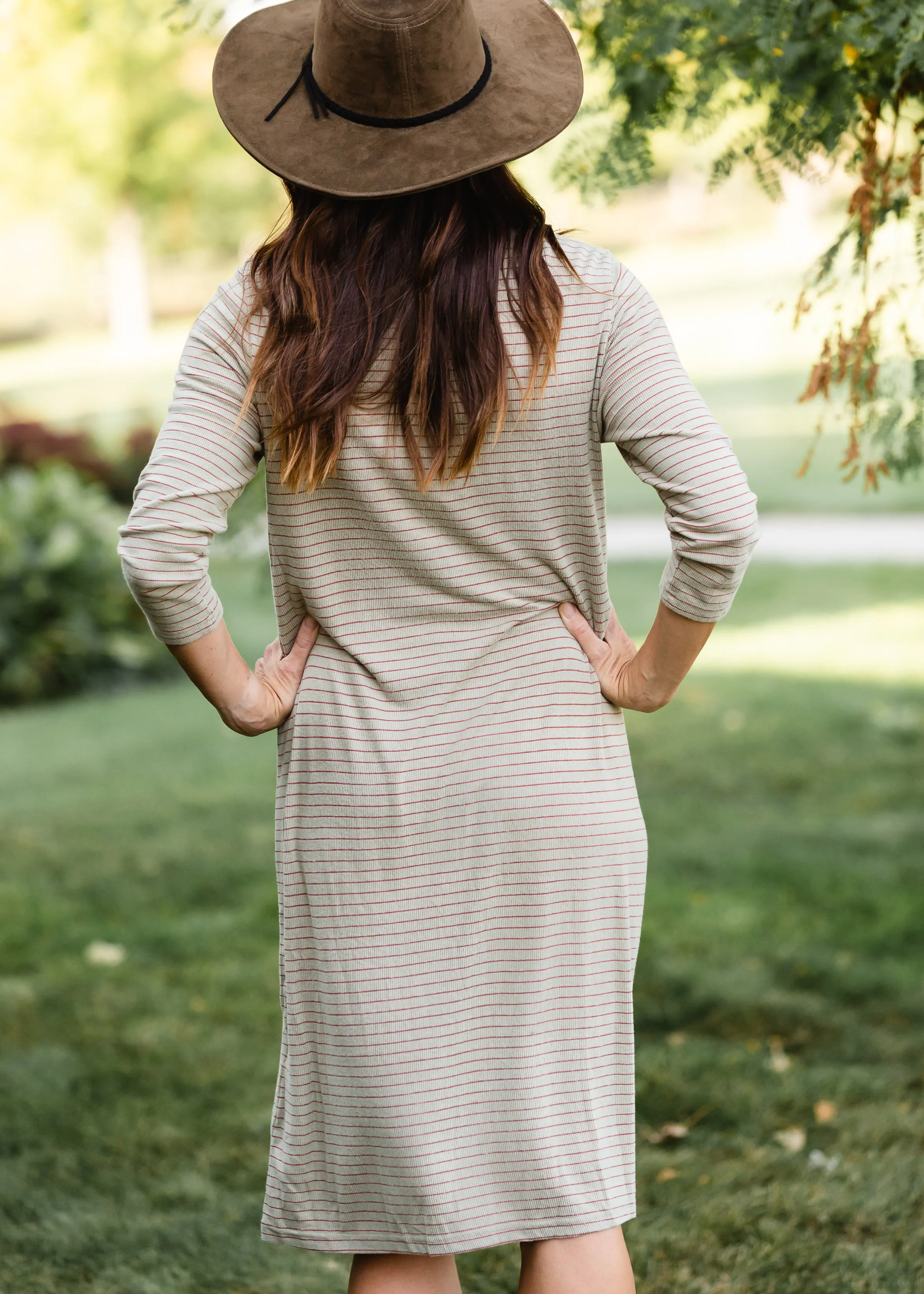 Sage Striped Comfy T-Shirt Midi Dress - FINAL SALE