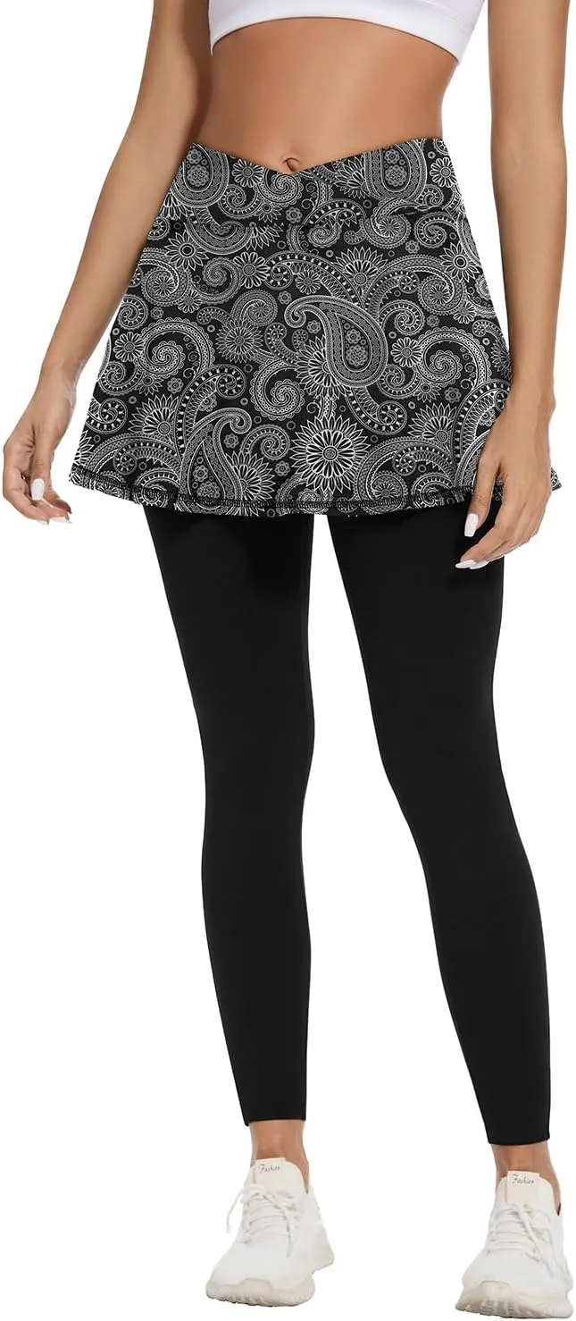 Soneven Tennis Skirted Leggings for Women with Pockets Crossover Ruffle Pleated Golf Skort Active Yoga Leggings with Skirts