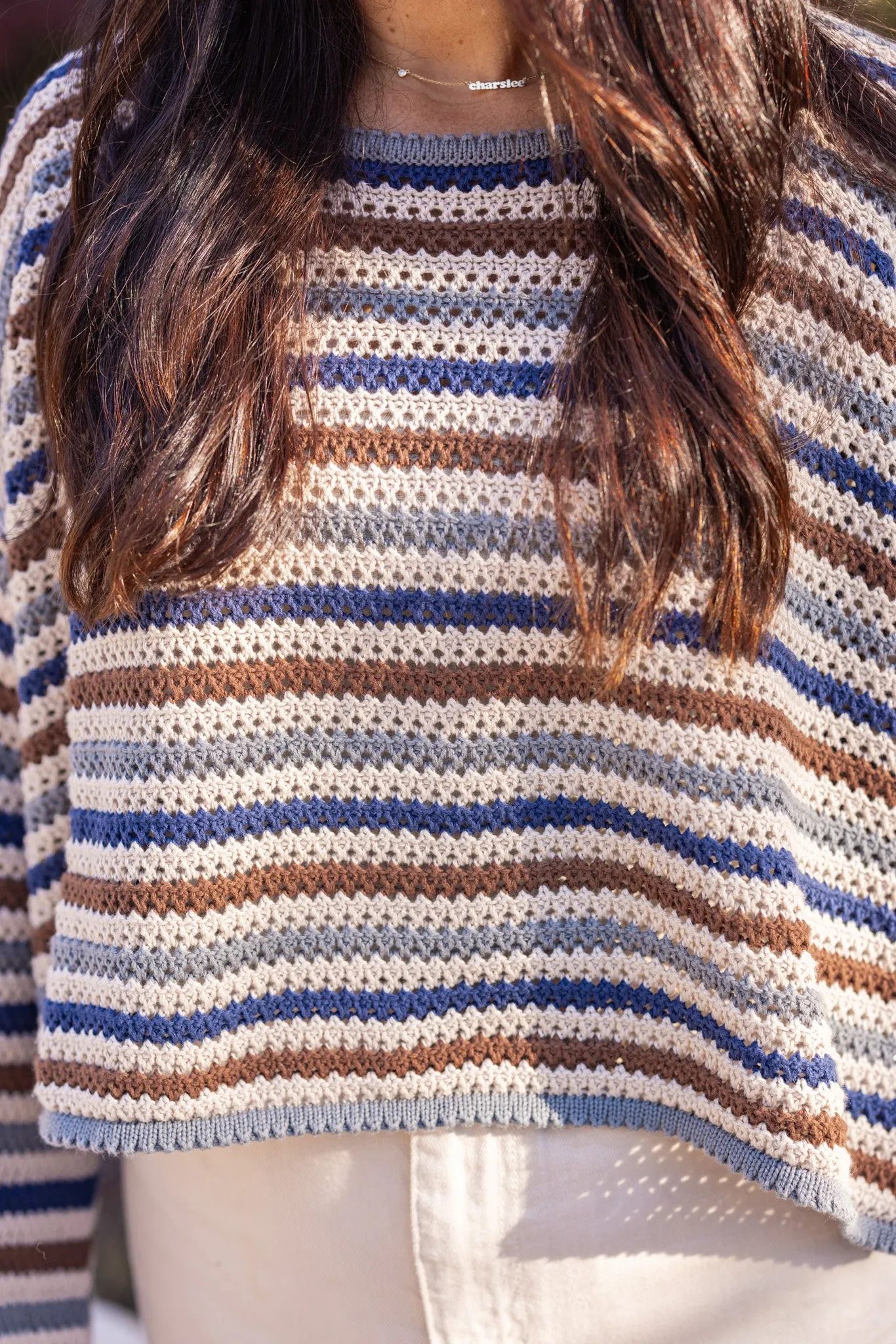 Striped Bliss Navy Crochet Sweater