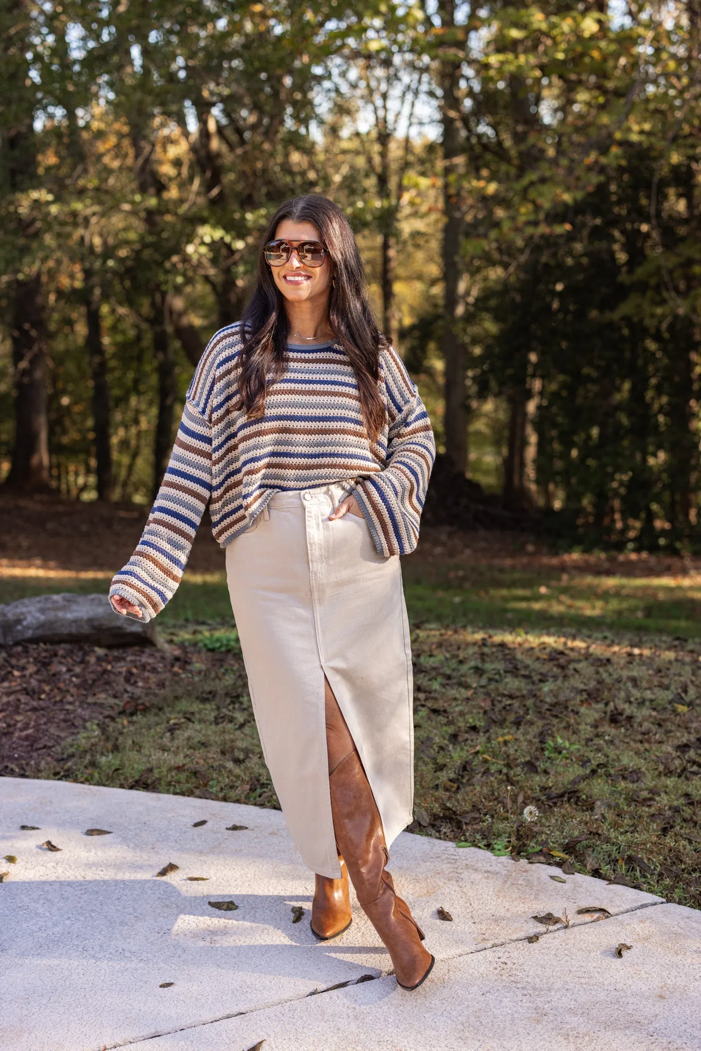 Striped Bliss Navy Crochet Sweater