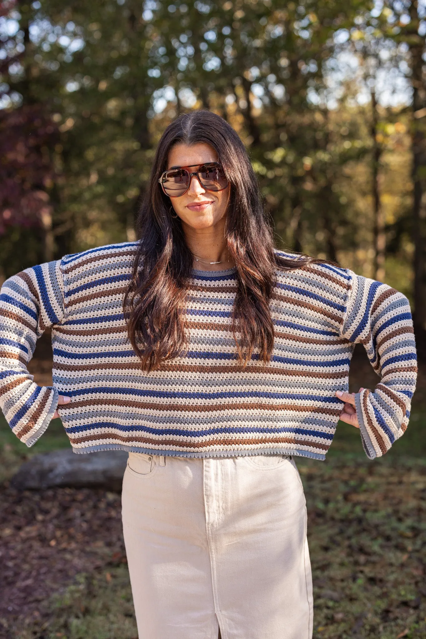 Striped Bliss Navy Crochet Sweater