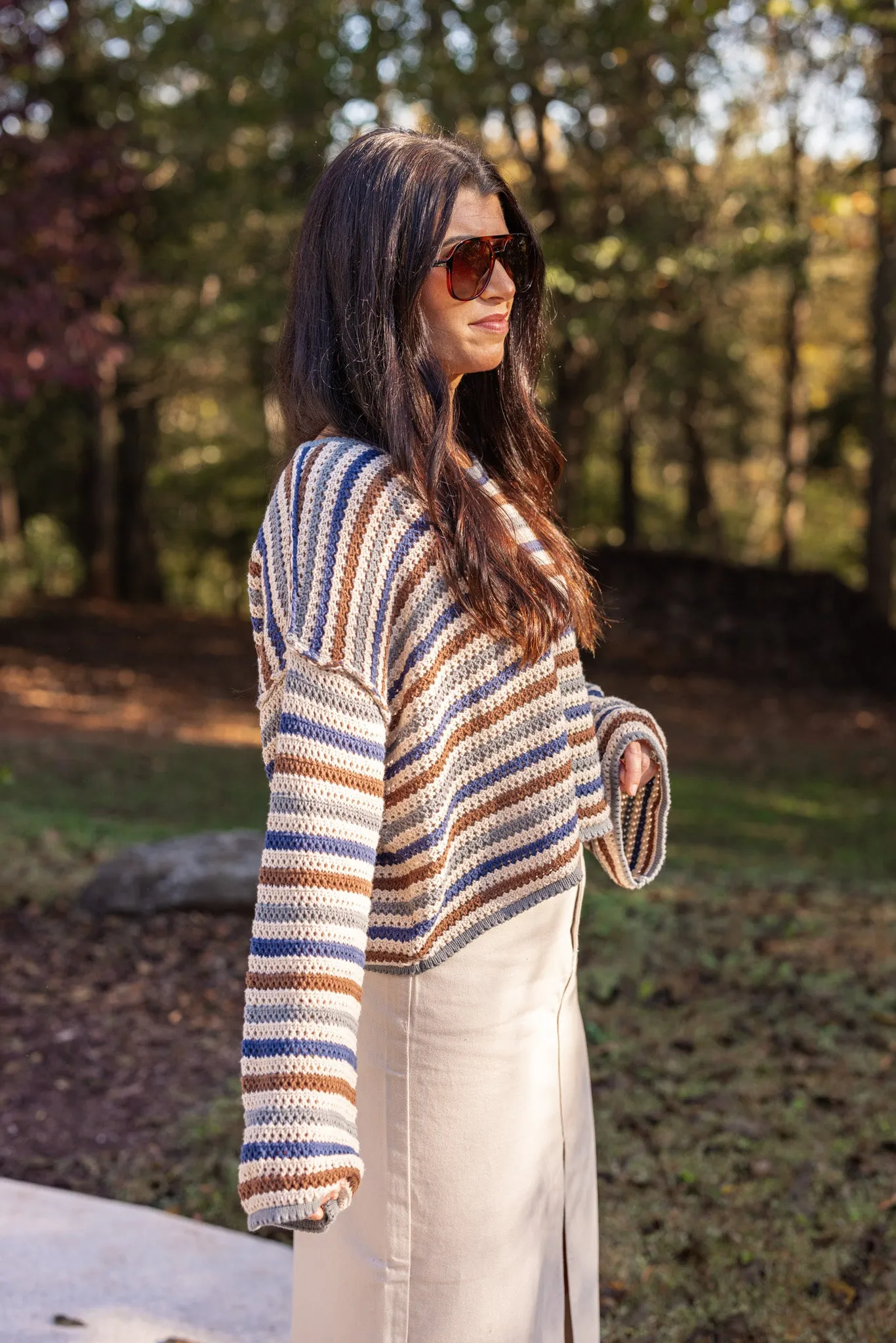 Striped Bliss Navy Crochet Sweater
