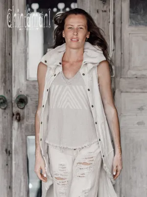 V Neck Rayon Linen Tank Top with Geometric Print / Grey