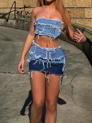 Vintage Ripped Denim Skirt Belt Patchwork y2k Aesthetic Low Rise Skinny Mini Skirts Women Sexy Streetwear Skirts Grunge