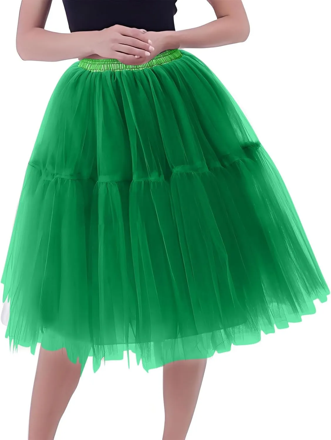 Women Mesh Splice Midi Skirts Elastic Waist Tulle Skirt A-Line Swing Knee Length Babydoll Peplum Trendy Prom Dress