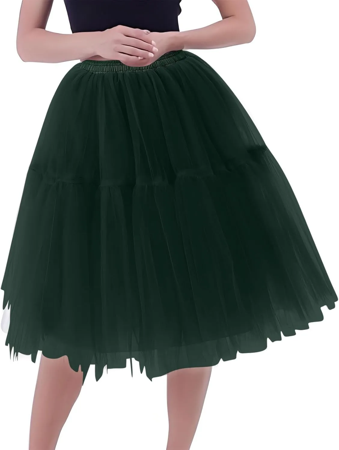 Women Mesh Splice Midi Skirts Elastic Waist Tulle Skirt A-Line Swing Knee Length Babydoll Peplum Trendy Prom Dress