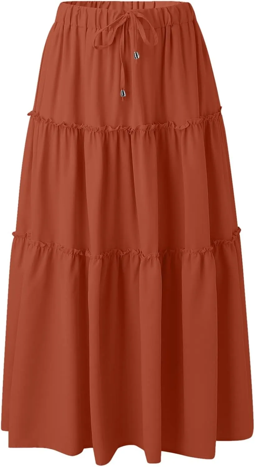 Womens Elastic High Waist Boho Maxi Skirt Ruffle A Line Swing Long Skirts Knee Length Pleated Dresses Summer Holiday