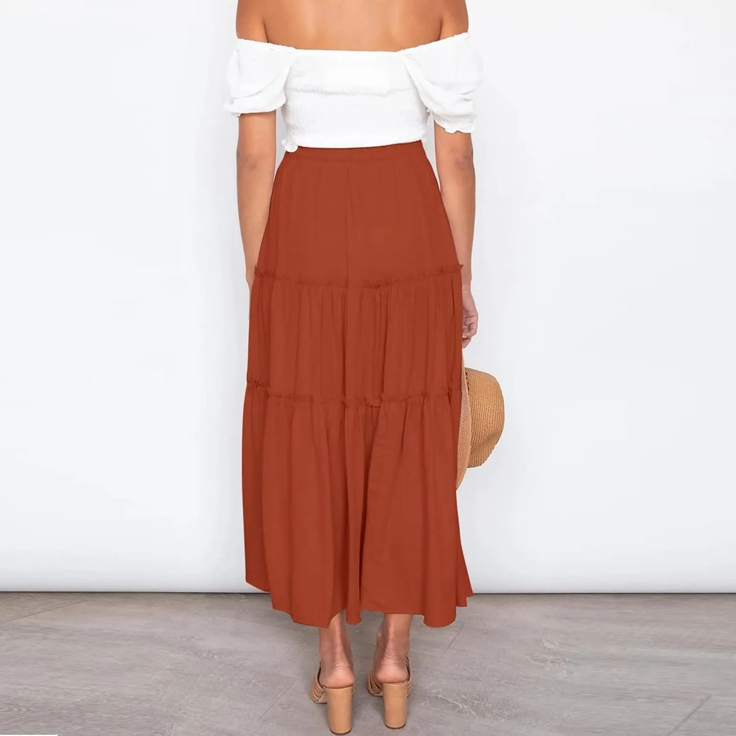 Womens Elastic High Waist Boho Maxi Skirt Ruffle A Line Swing Long Skirts Knee Length Pleated Dresses Summer Holiday