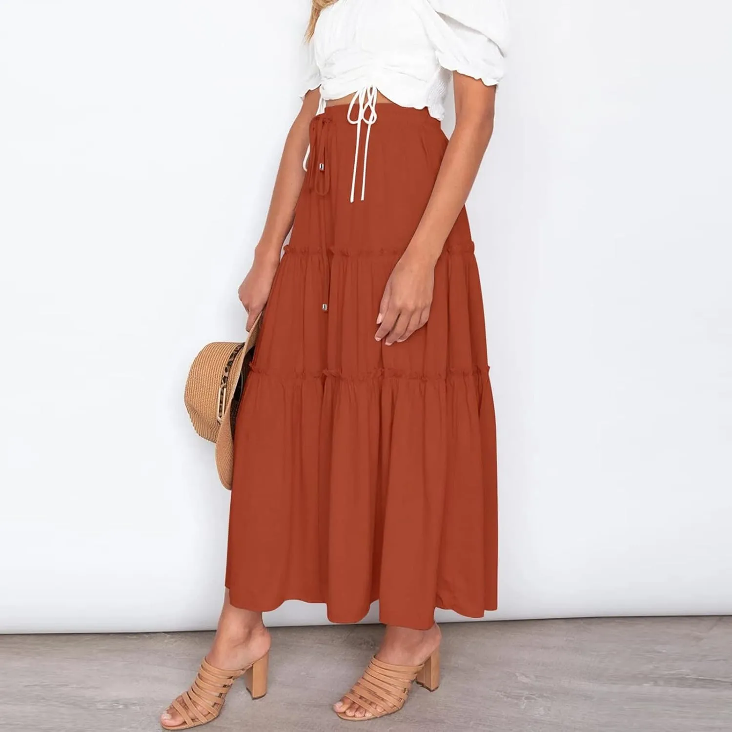 Womens Elastic High Waist Boho Maxi Skirt Ruffle A Line Swing Long Skirts Knee Length Pleated Dresses Summer Holiday