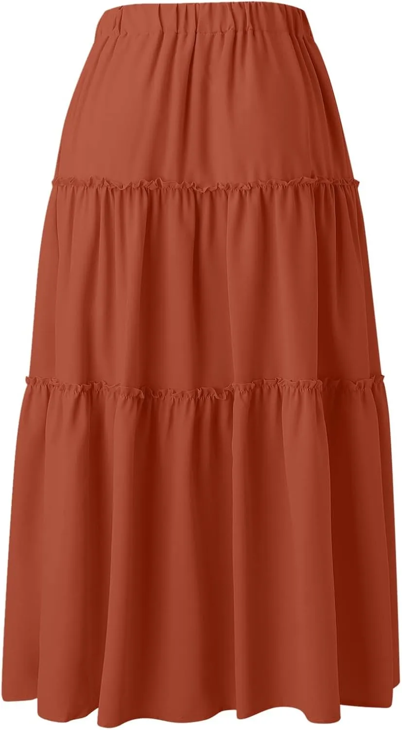 Womens Elastic High Waist Boho Maxi Skirt Ruffle A Line Swing Long Skirts Knee Length Pleated Dresses Summer Holiday