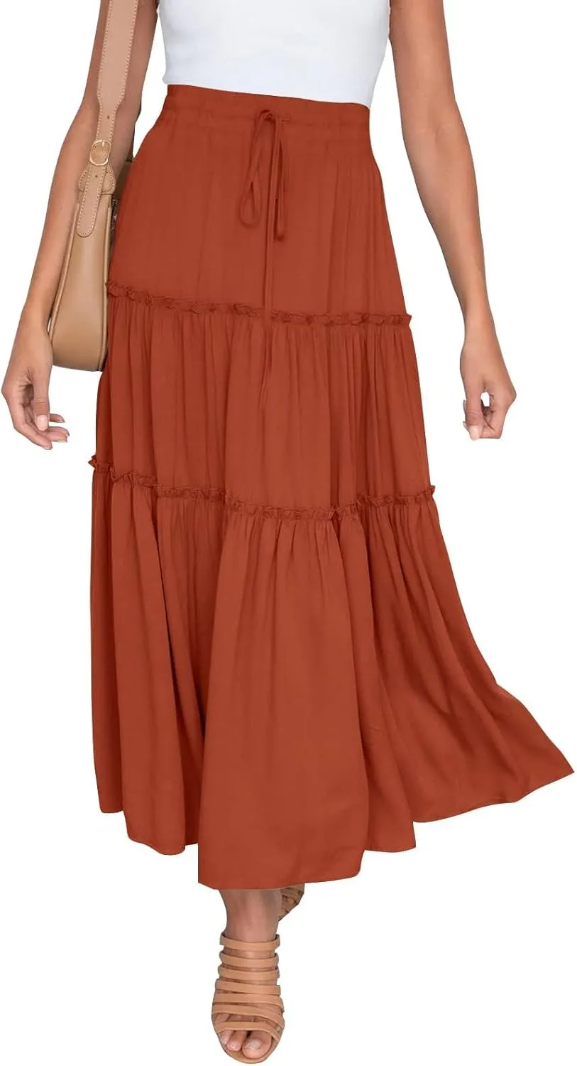 Womens Elastic High Waist Boho Maxi Skirt Ruffle A Line Swing Long Skirts Knee Length Pleated Dresses Summer Holiday