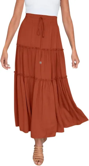 Womens Elastic High Waist Boho Maxi Skirt Ruffle A Line Swing Long Skirts Knee Length Pleated Dresses Summer Holiday