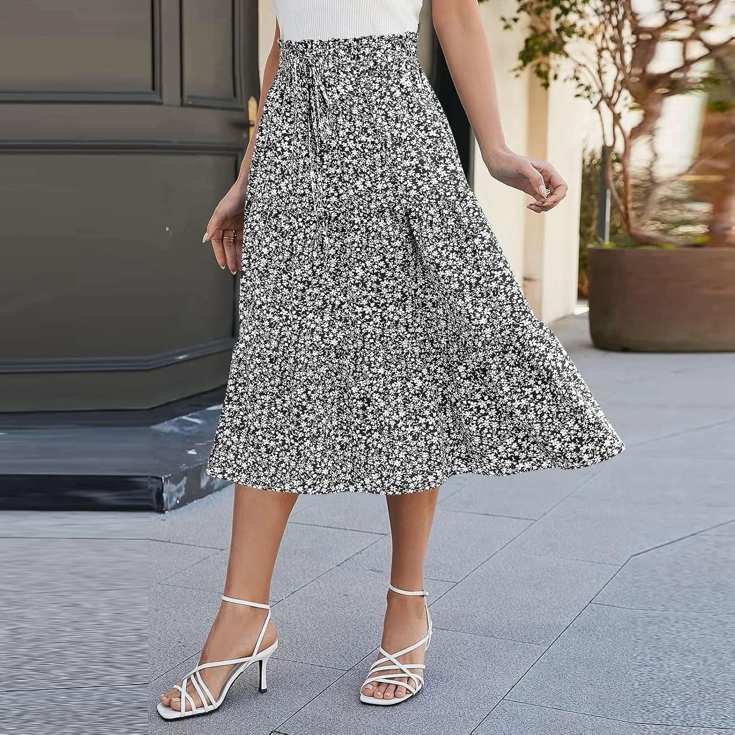 Womens Maxi Skirt 2025 Summer Comfy Tiered Elastic High Waisted Skirts Floral Boho Beach Vacation Long Skirts