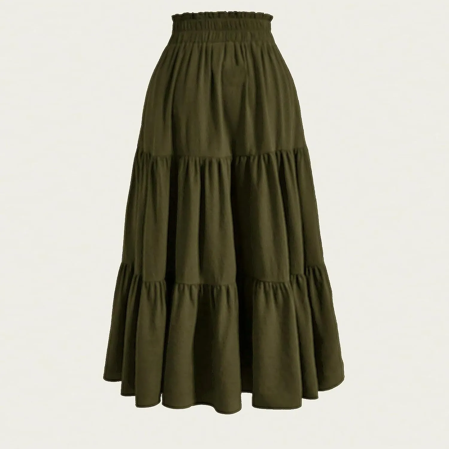 Womens Midi Skirts Elastic High Waist A-Line Swing Skirts Long Ruffle Tiered Hem Maxi Skirt