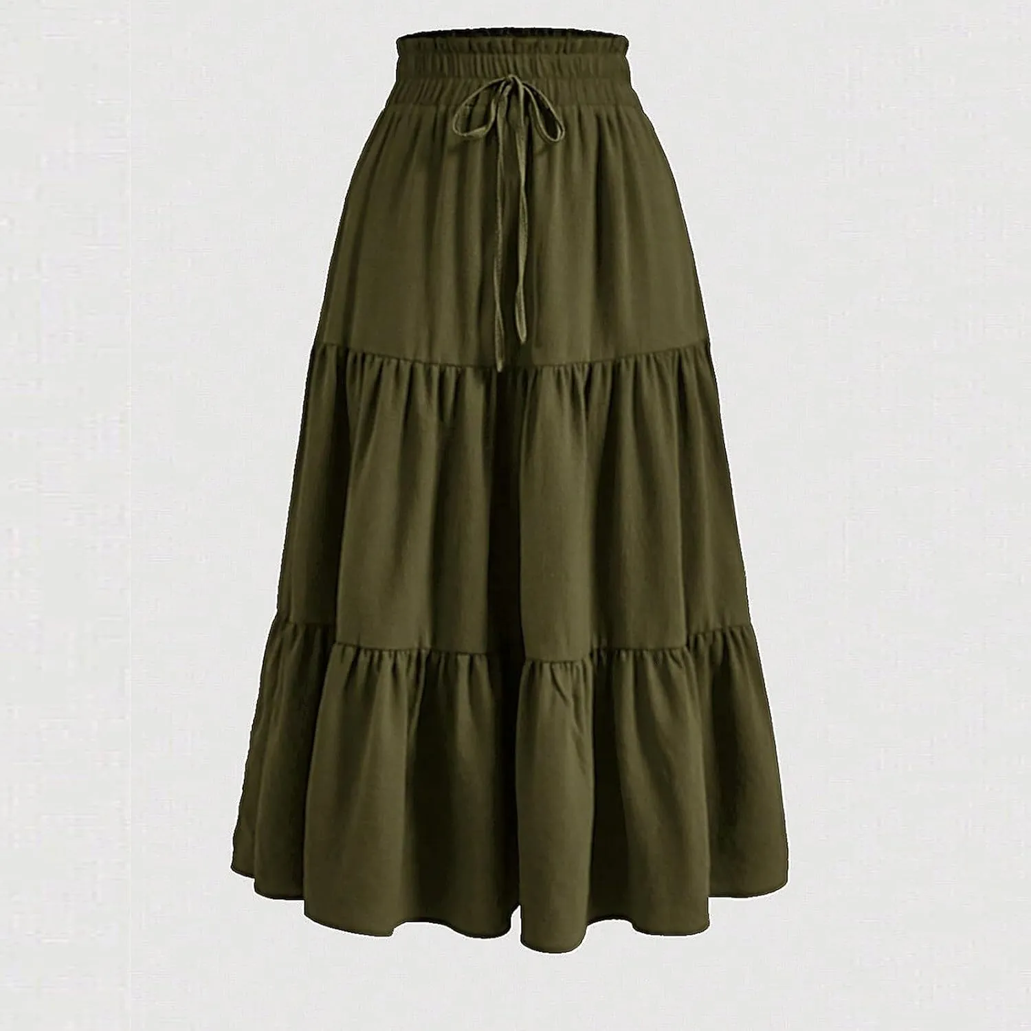 Womens Midi Skirts Elastic High Waist A-Line Swing Skirts Long Ruffle Tiered Hem Maxi Skirt