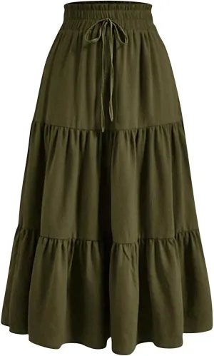 Womens Midi Skirts Elastic High Waist A-Line Swing Skirts Long Ruffle Tiered Hem Maxi Skirt