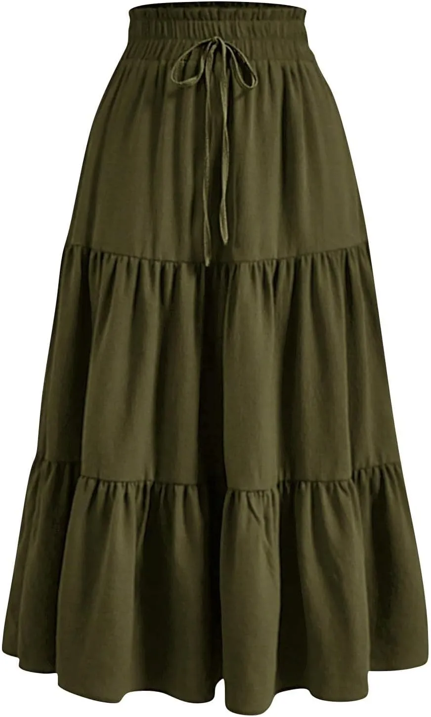 Womens Midi Skirts Elastic High Waist A-Line Swing Skirts Long Ruffle Tiered Hem Maxi Skirt
